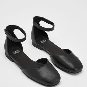 Eileen Fisher Black Leather Ankle Strap Flat